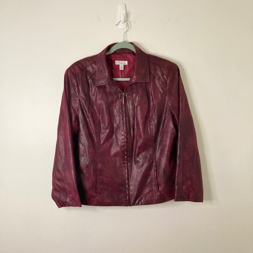 Burgundy Snakeskin Faux Leather Zip Moto Jacket Kim Rogers Petite 12P Maroon